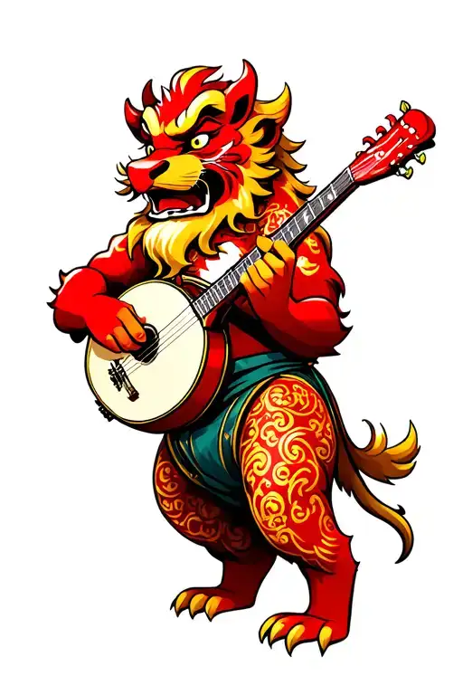 red Chinese lion playing the banjo tattoo design idea