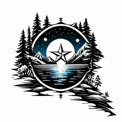 A realistic nature tattoo with a nautical star at the center, surrounded by mountains, trees, water, and a starry night  tattoo design idea