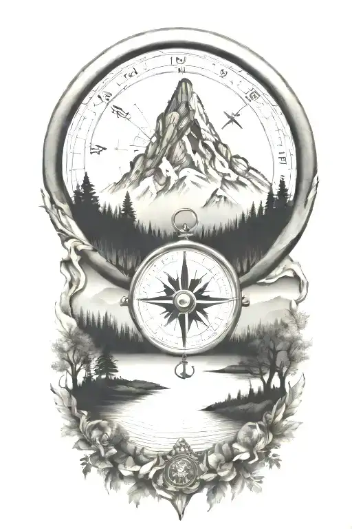  small a compass with mountains and trees surrounding it and coordinates add a father and son shadow   tattoo design idea