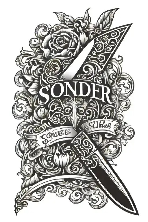 The word SONDER vertically with a chef knife going thru it vertical tattoo design idea