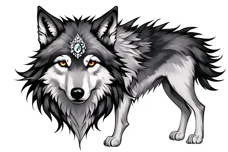 Feminine Wolf with jewel on forehead tattoo design idea