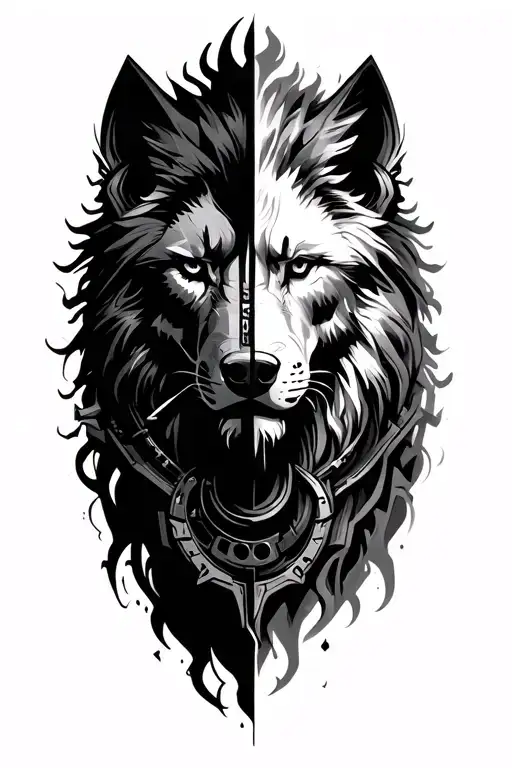 Dark with shadow, mechanical, gear, time, wolf half right lion face half left, storm, war tattoo design idea