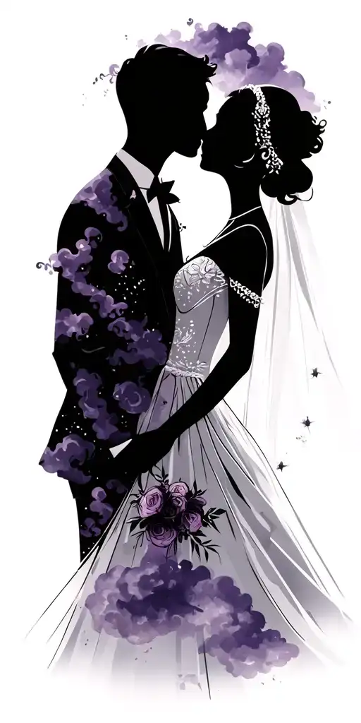 A bride and groom silhouette with a backdrop of dark purple clouds tattoo design idea