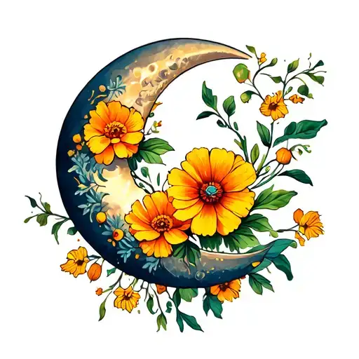 crescent moon with marigold and cosmos flower tattoo traditional american style tattoo design idea