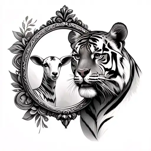 can you create an image of a tattoo for me of a tiger looking into a mirror and seeing a lamb reflection looking back tattoo design idea