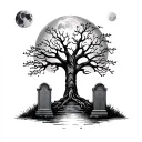 cemetary with tree of life, 2 tomb stones on each side of the tree, and a moon background black tattoo design idea
