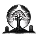 cemetary with tree of life, 2 tomb stones on each side of the tree, and a moon background black tattoo design idea
