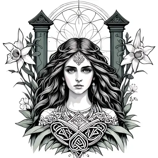 Celtic Goddess, Rhiannon. surrounded by gates and daffodils tattoo design idea