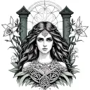 Celtic Goddess, Rhiannon. surrounded by gates and daffodils tattoo design idea