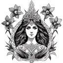 Celtic Goddess, Rhiannon. surrounded by gates and daffodils tattoo design idea
