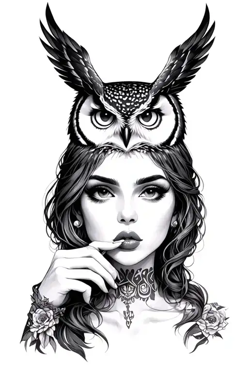 female with owl on head doing shh tattoo design idea