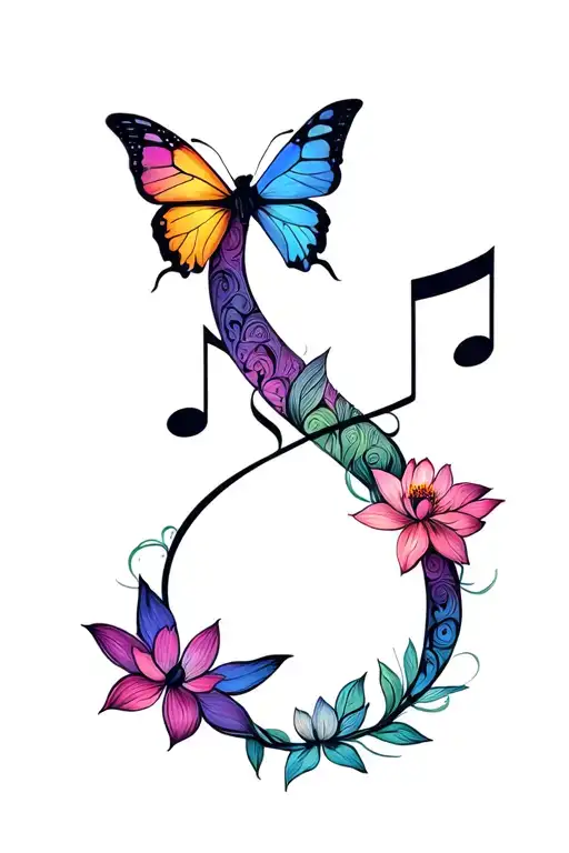 infinity sign made up of music notes from the song how to save a life by the fray. include butterflies, lotus flowers tattoo design idea