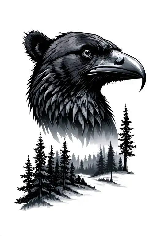 Raven and Bear Head with forest landscape tattoo design tattoo design idea