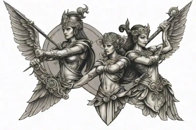 goddess Athena holding spear and shield adorned and Artemis holding Bow and arrow tattoo design idea