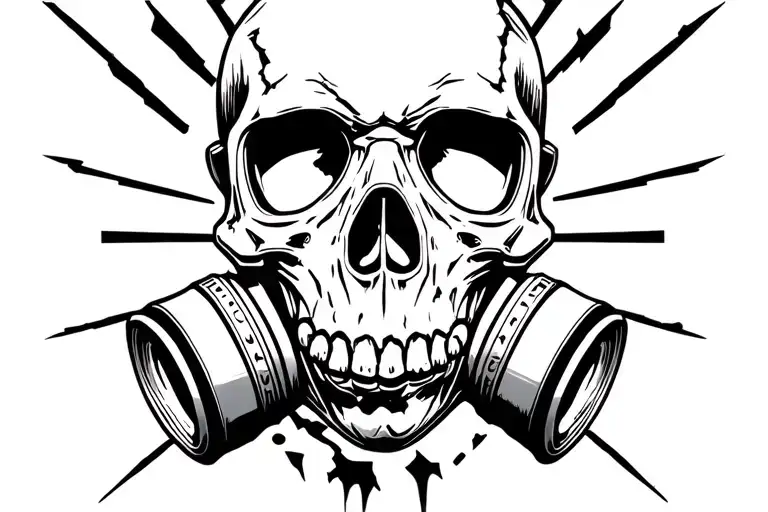 postapocaliptic death skull wearing broken gas mask tattoo design idea