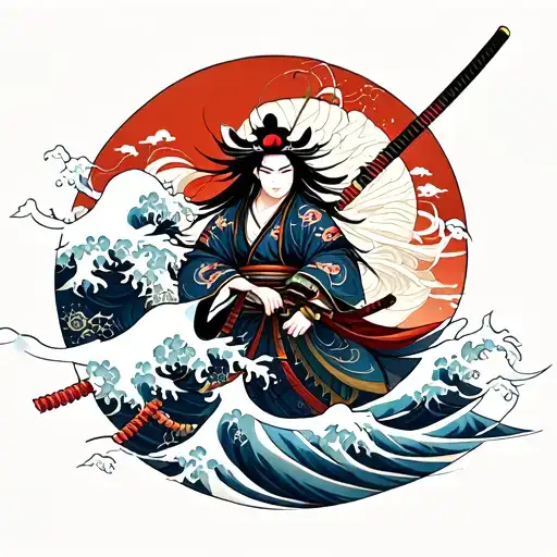 Samurai, Oni, Katana, Japanese waves, Japanese clouds, Japanese flora, Japanese style wind, tattoo design idea