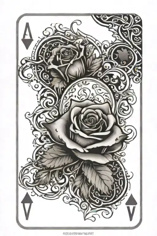 ace playing card marbled, with rose and amethyst crystal surronding playing card tattoo design idea