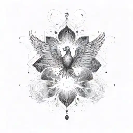 Design a tattoo that integrates a semicolon, sunburst, and phoenix. The semicolon should act as the stem of the sunburst tattoo design idea