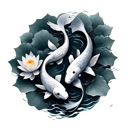 two koi fishes swimming with lotus flowers on the side tattoo design idea
