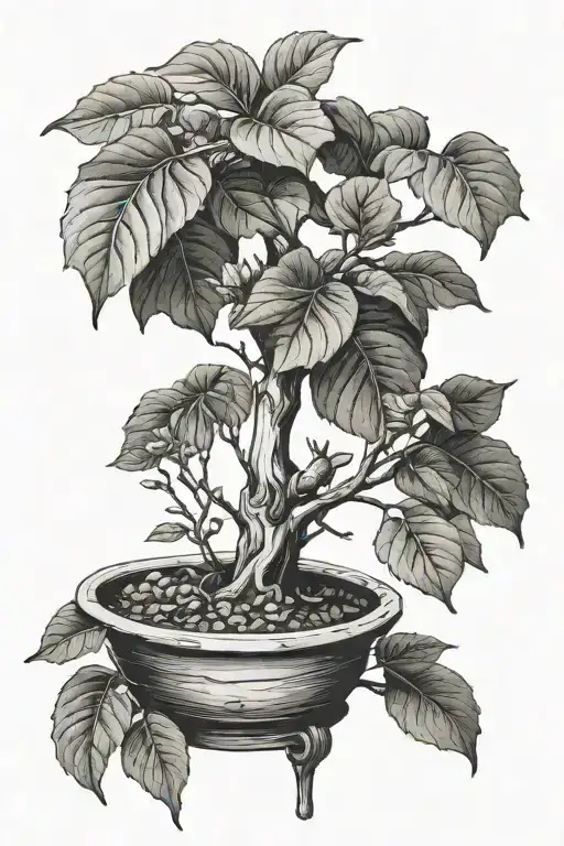 medium sized fig tree in a wooden pot with metal bands tattoo design idea