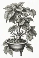 medium sized fig tree in a wooden pot with metal bands tattoo design idea
