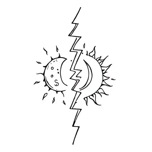 A moon and a sun divided by a crackling lightning bolt, with the letters L L L S S  tattoo design idea