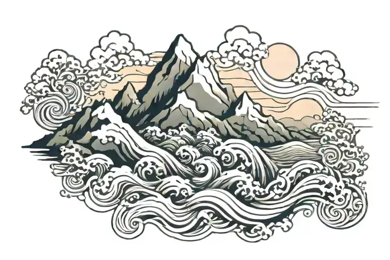 waves flowing river mountain range with a hidden symbols representing wabi sabi tattoo design idea
