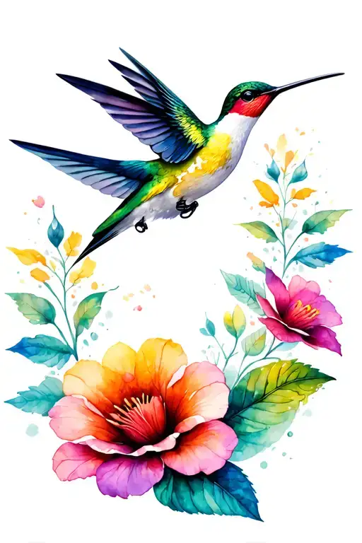 humming bird exotic flowers smoky tattoo design idea