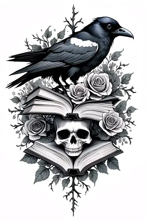 skull,raven, books, gothic, thorn vines, roses  tattoo design idea