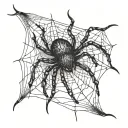 A detailed blackwork tattoo of a spider weaving a web in the shape of a tree, symbolizing your love for spiders, fish, and the outdoors tattoo design idea