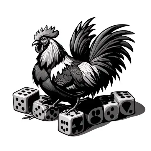 Fighting rooster standing on top of dice symbolizing the gamble tattoo design idea