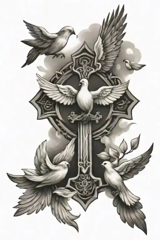 christian cross with doves flying tattoo design idea