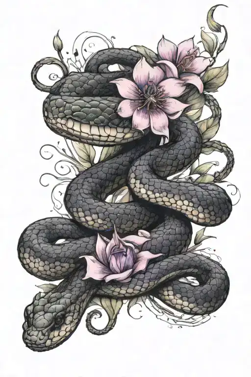 snake with purple flower bouquet tattoo design idea