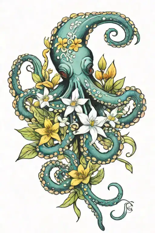 octopus, snowdrop, honeysuckle, marigold flower tattoo design idea