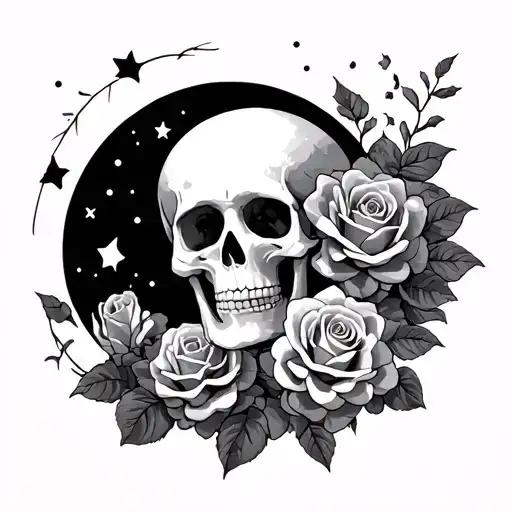 Skeleton clouds a moon roses tattoo design idea