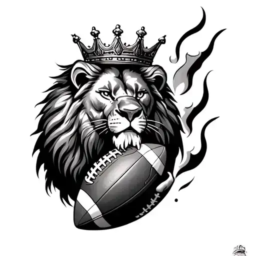 “Lion holding a football in its claw, symbolizing strength and passion, hyper-detailed tattoo with crown and flames” tattoo design idea