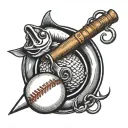 A realistic blackwork tattoo of a fishing hook intertwined with a baseball bat, symbolizing your love for fishing and baseball tattoo design idea