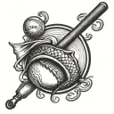 A realistic blackwork tattoo of a fishing hook intertwined with a baseball bat, symbolizing your love for fishing and baseball tattoo design idea