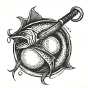 A realistic blackwork tattoo of a fishing hook intertwined with a baseball bat, symbolizing your love for fishing and baseball tattoo design idea