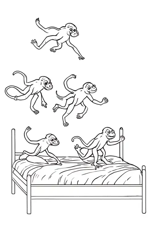 6 little monkeys jumping on the bed. 4 are squirrel monkeys, 2 are spider monkeys. Continous line style tattoo design idea