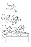 6 little monkeys jumping on the bed. 4 are squirrel monkeys, 2 are spider monkeys. Continous line style tattoo design idea