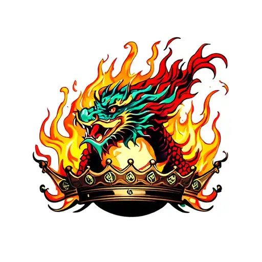 Tattoo on the shoulder, the dragon erupted the fire against the background of a large crown in the paw dollars tattoo design idea