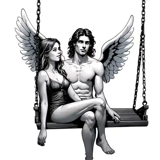 girl sitting on swing next to man with angel wings tattoo design idea