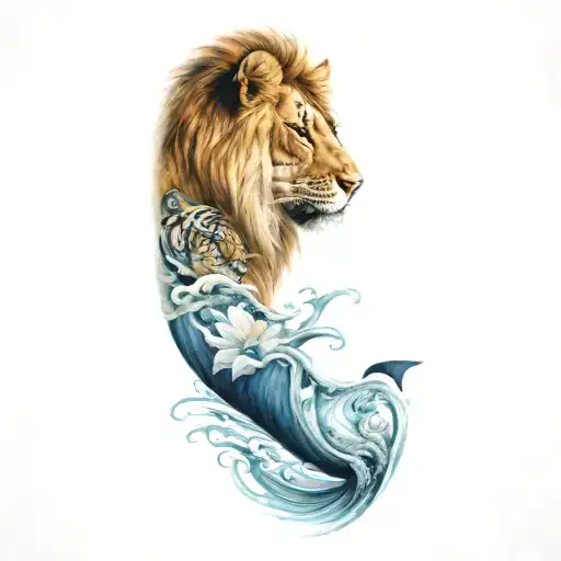 whale tail, ocean waves, sun shining, lotus flower blooming, butterfly, calm lion face, calm tiger face tattoo design idea