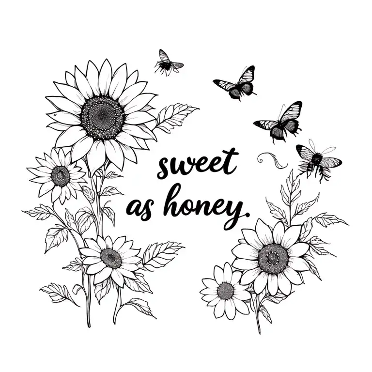 sunflowers, butterflys, bees and flowers black and white , with quote that says sweet as honey  tattoo design idea