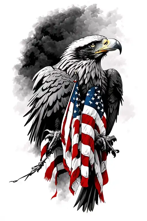 A patriotic tattoo featuring an eagle clutching the American flag in its talons, set against a black and grey background tattoo design idea