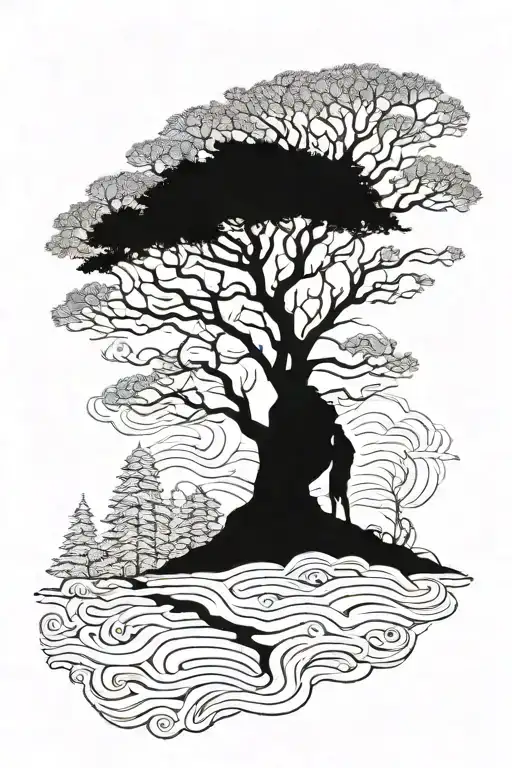 a landscape of a huge tree and at the base a silhouette off a man sitting petting a dog tattoo design idea