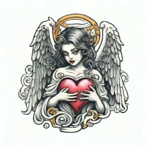 angel holding heart shape tattoo design idea