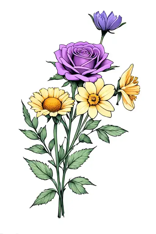 bouquet of one rose one daisy one violet and two narcissus hold by a plaster  tattoo design idea