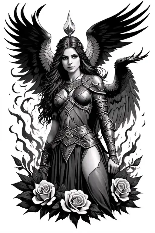 Female Viking warrior, Phoenix rising from ashes symbolizing rebirth and roses tattoo design idea